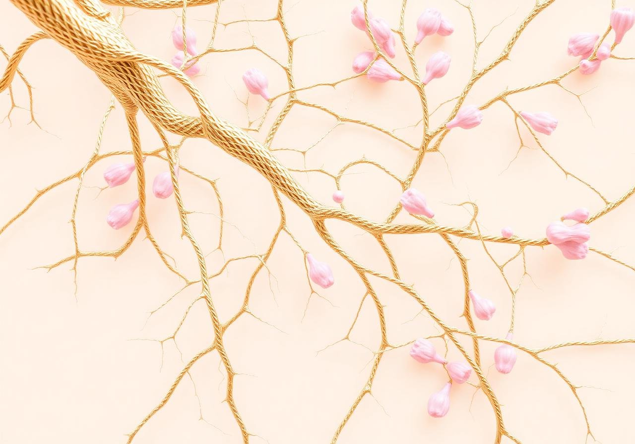 Abstract structural support imagery, gold scaffolding with blush blossoms