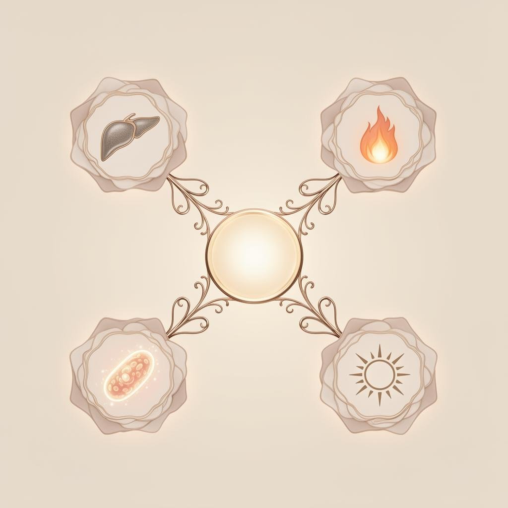 A central glowing node connected by rose-gold filigree to four cards: liver, inflammation, mitochondria, cortisol.